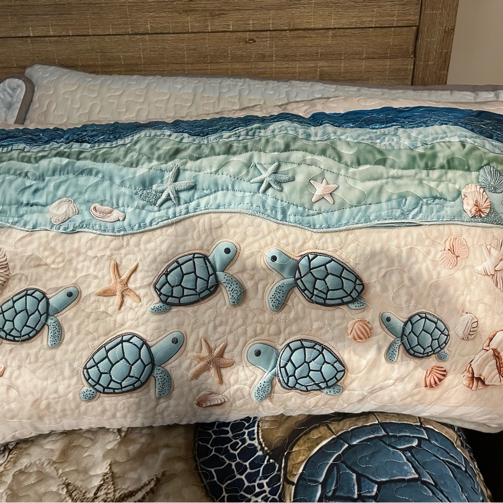 Sea Turtle Quilted Bedspread in Blue and Tan - Picture 6 of 14